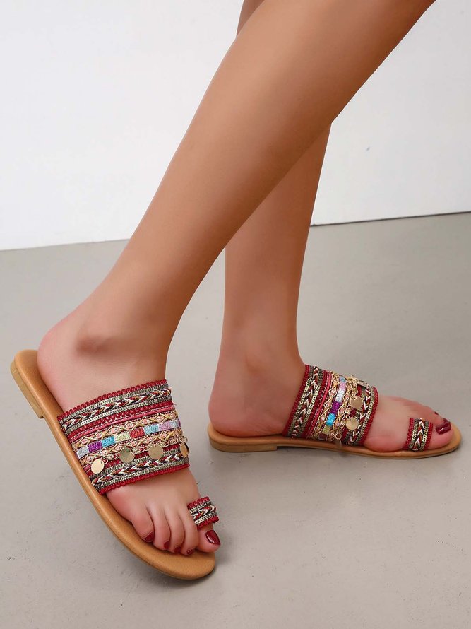 Woven Ethnic Pattern Sequined Thong Boho Slippers