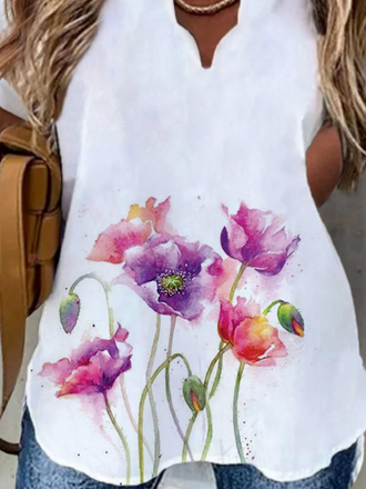Plus size Casual Floral V Neck Short Sleeve Tops