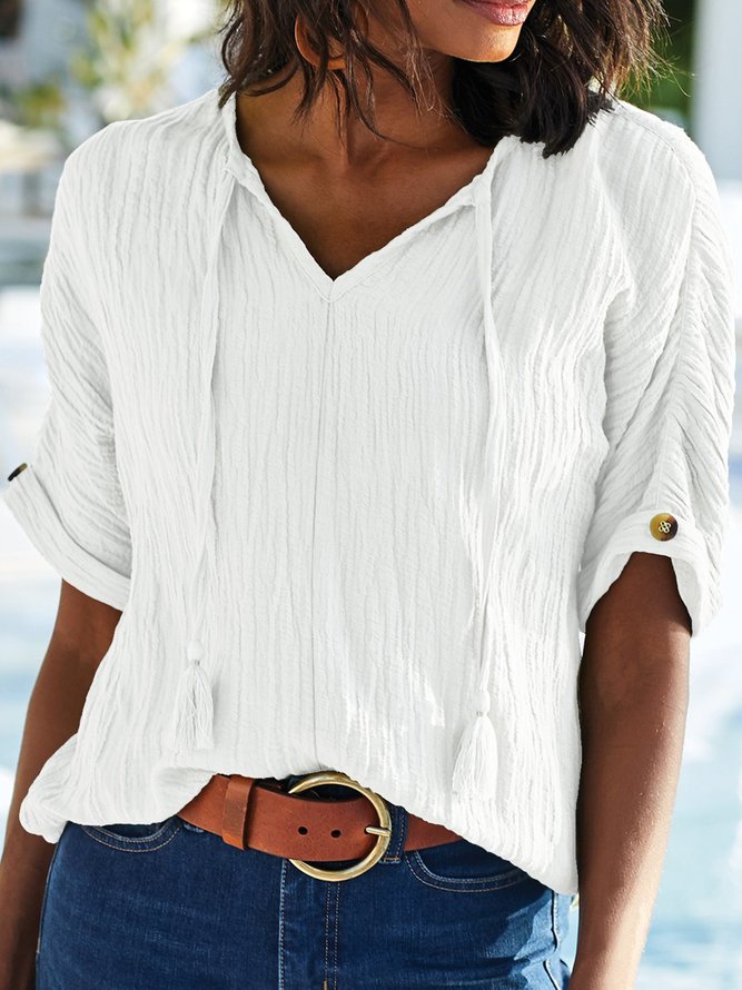 Solid Casual V Neck Short Sleeve Tops