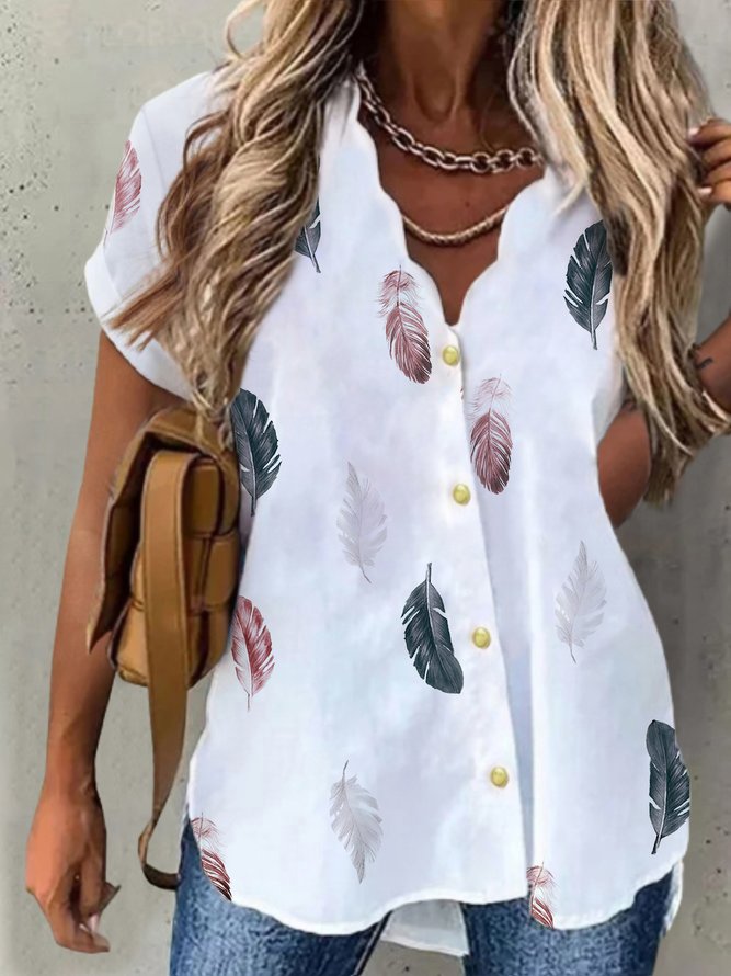 Casual Feather Short Sleeve Plus Size Printed Blouses