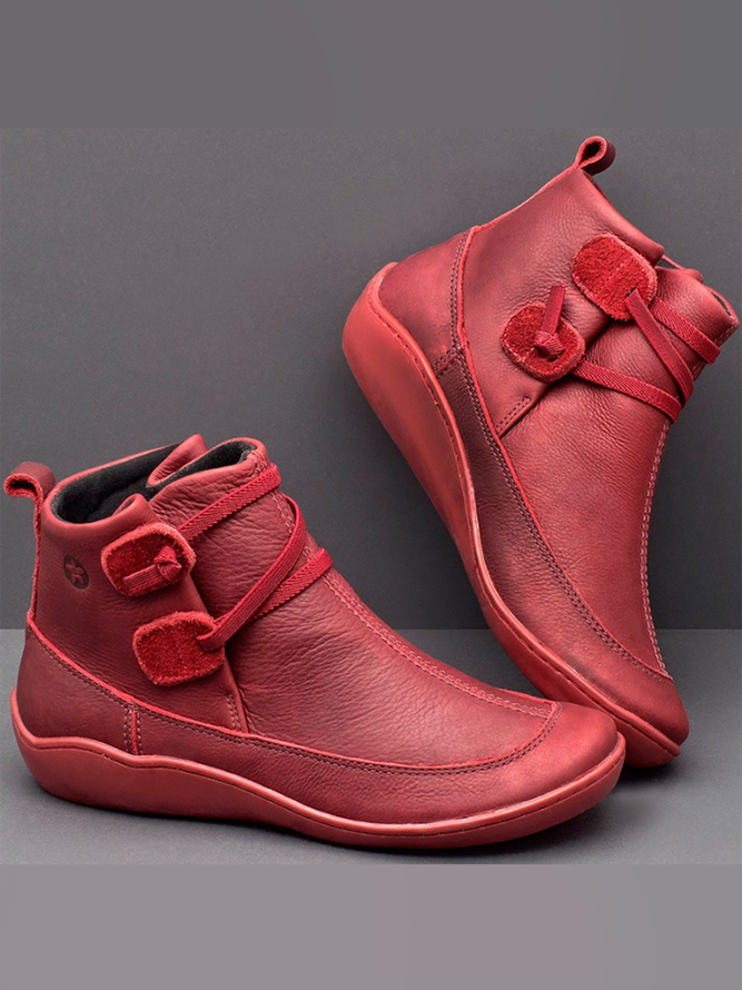 Women Casual Braided Strap Lether PU Flat Heel Boots