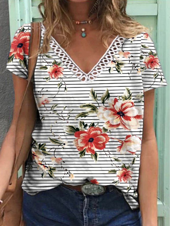 Striped Floral Short Sleeve V Neck Plus Size Casual T-shirts