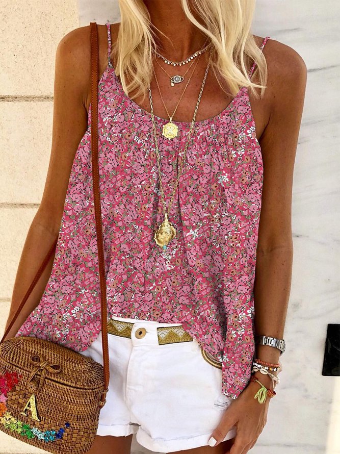 Casual Floral Sleeveless Round Neck Printed Top Vests