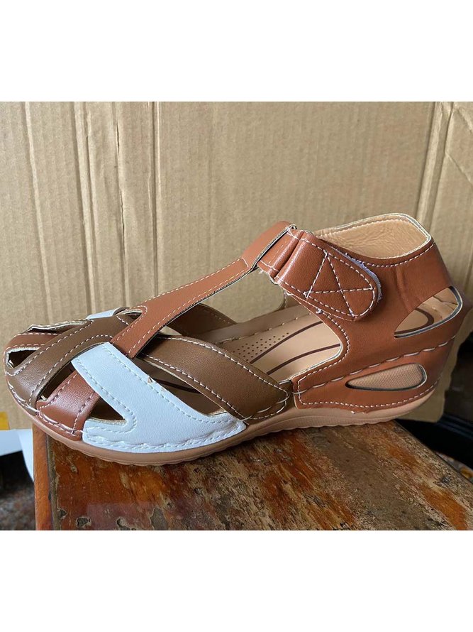 Faux Leather Vintage Contrast Comfortable Velcro Sandals | noracora