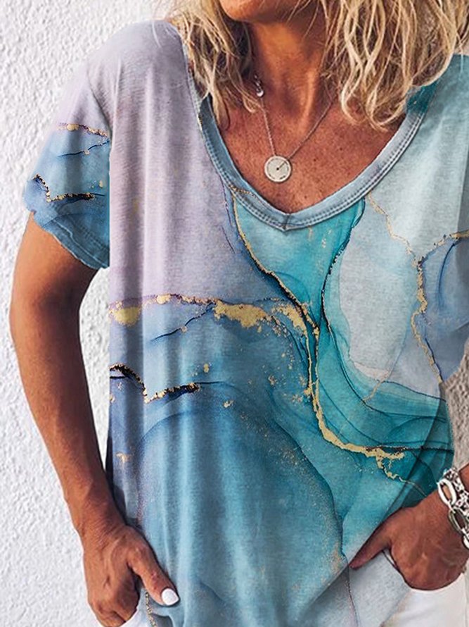 Abstract Printed Casual V Neck Beach Daily Short Sleeve Loosen T-Shirt