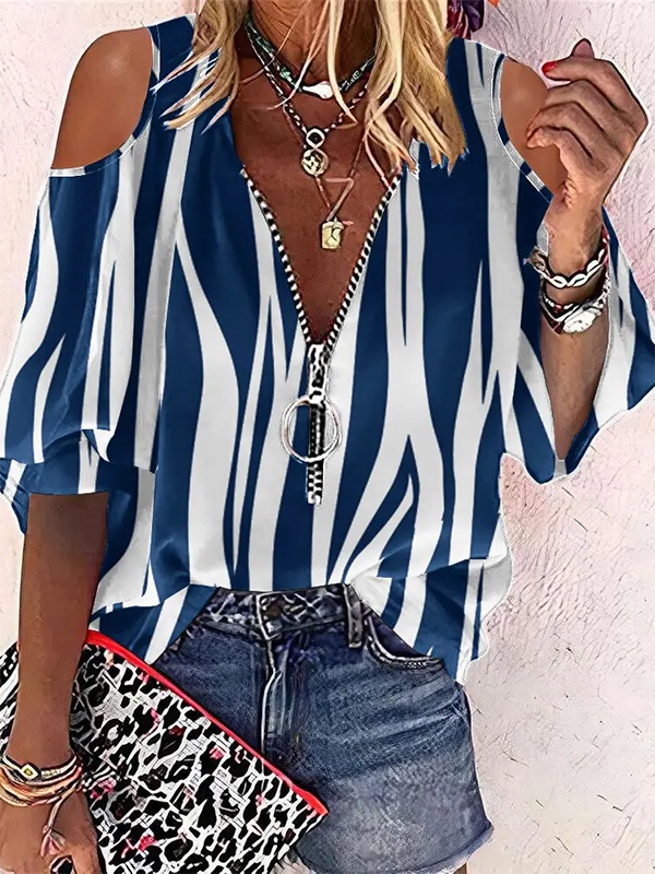 Striped Casual V Neck Short Sleeve Tops