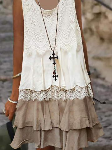 Solid U-Neck Sleeveless Woven Lace Dresses