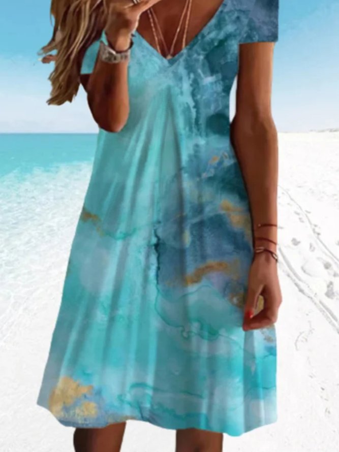Casual Sea Short Sleeve V Neck Plus Size Printed Dress
