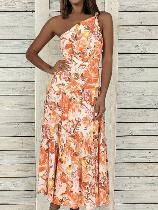 Floral Casual One Shoulder Sleeveless A-line Dresses
