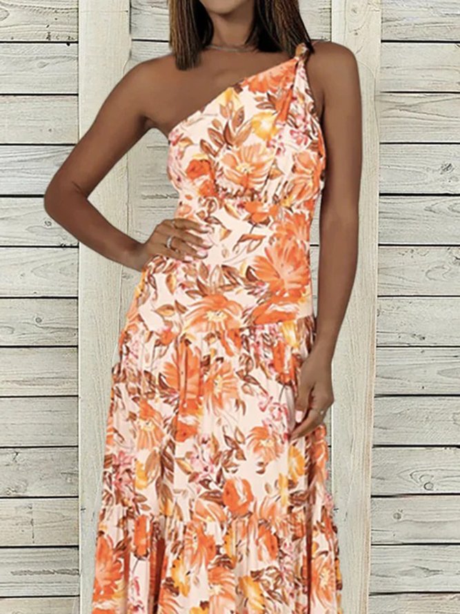 Floral Casual One Shoulder Sleeveless A-line Dresses