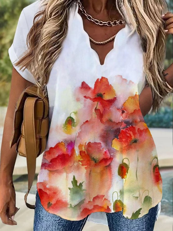 Floral Short Sleeve V Neck Plus Size Printed Tops