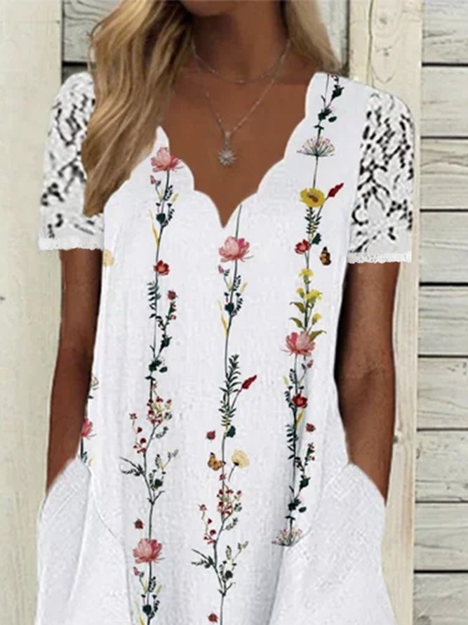 Floral V Neck Lace Short Sleeve Plus Size Casual Woven Dress