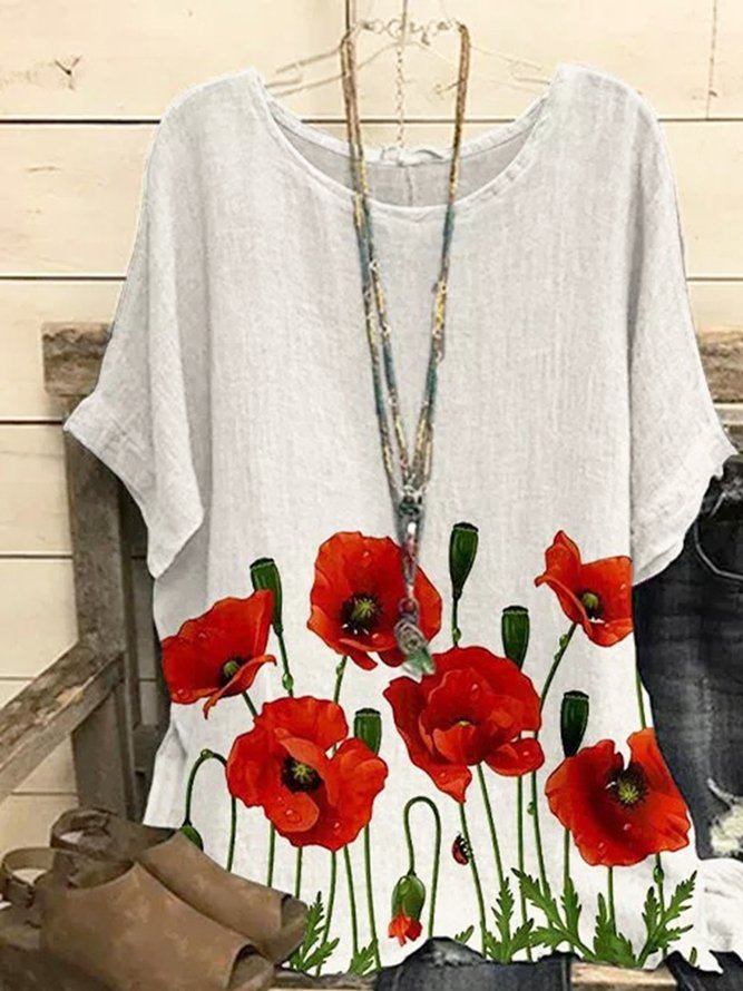 Casual Floral Loosen Round Neck Short Sleeve Tops