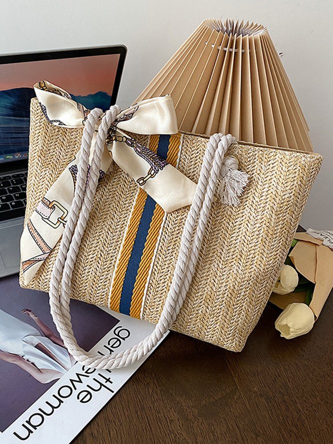 Beach Bows Contrast Webbing Large Capacity Straw Bags Tote Bags Shoulder Bags
