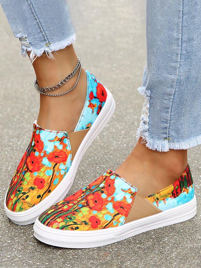 Abstract Oil Painting Floral Print Street Statement Canvas Flats