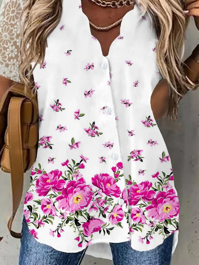 Floral Casual V Neck Lace Short Sleeve Buttoned Loosen Blouse