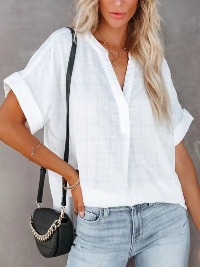 Casual Short sleeve Stand Collar Tunic Blouse