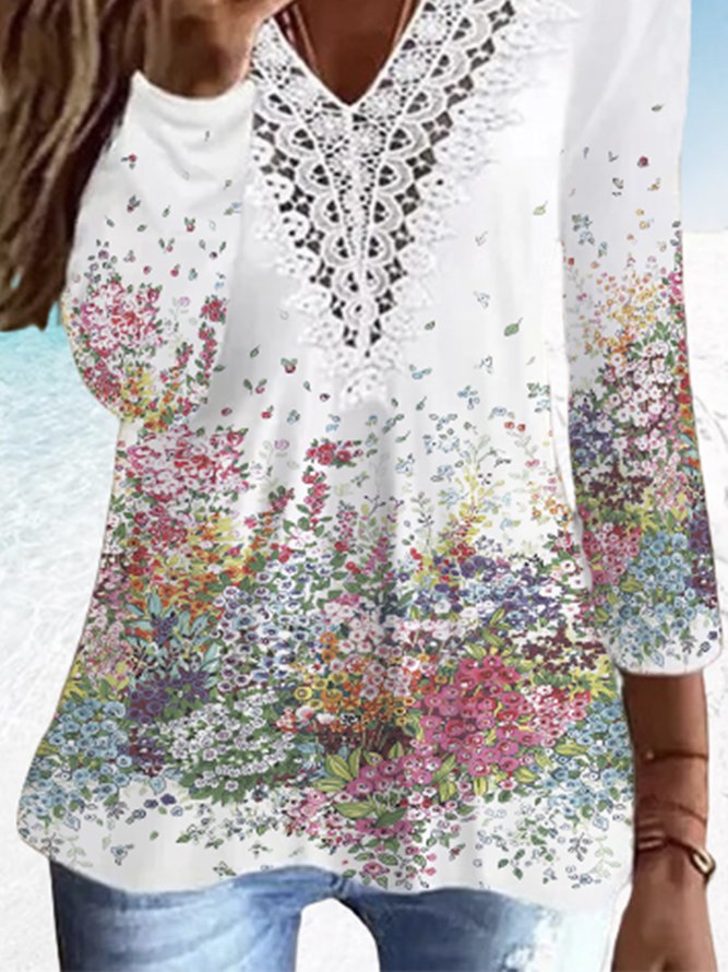 Lace V Neck Floral Long Sleeve Plus Size Casual T-Shirt
