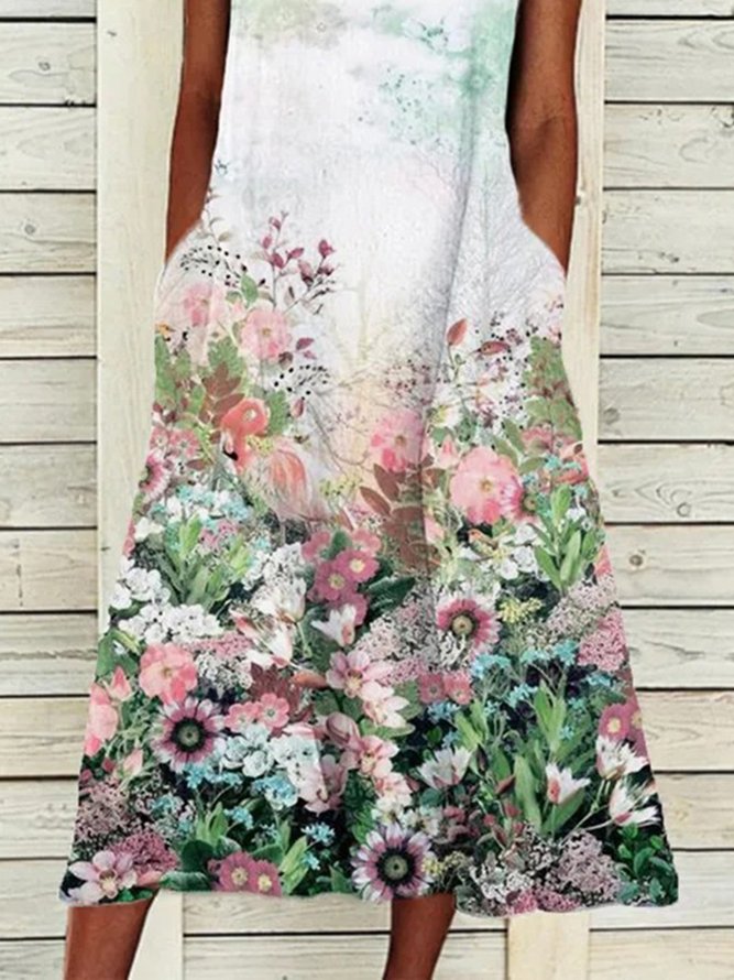 Floral Casual V Neck Lace Short Sleeve Pockets A-line Dress