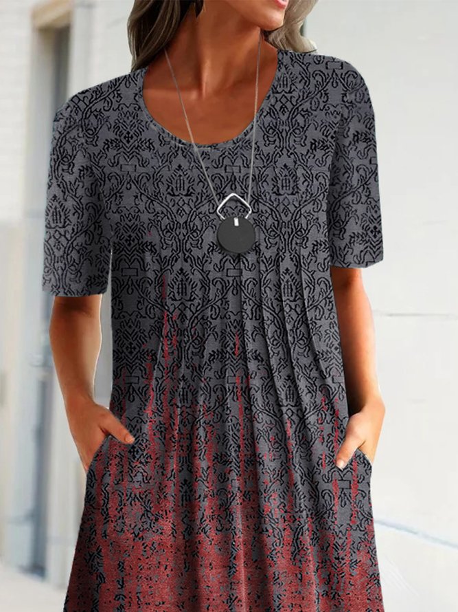 Tribal Pockets Short Sleeve Plus Size Casual Woven Dress