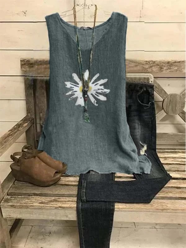 Floral-print V Neck Casual Sleeveless Tops