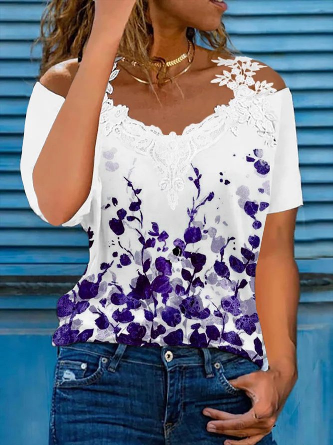 Women's Casual Floral V Neck Lace Cotton Blends Short Sleeve Top T-shirt