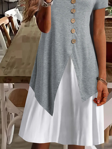 Color Block Buttoned Plain Loosen Casual Midi Short Sleeve Knit Dress