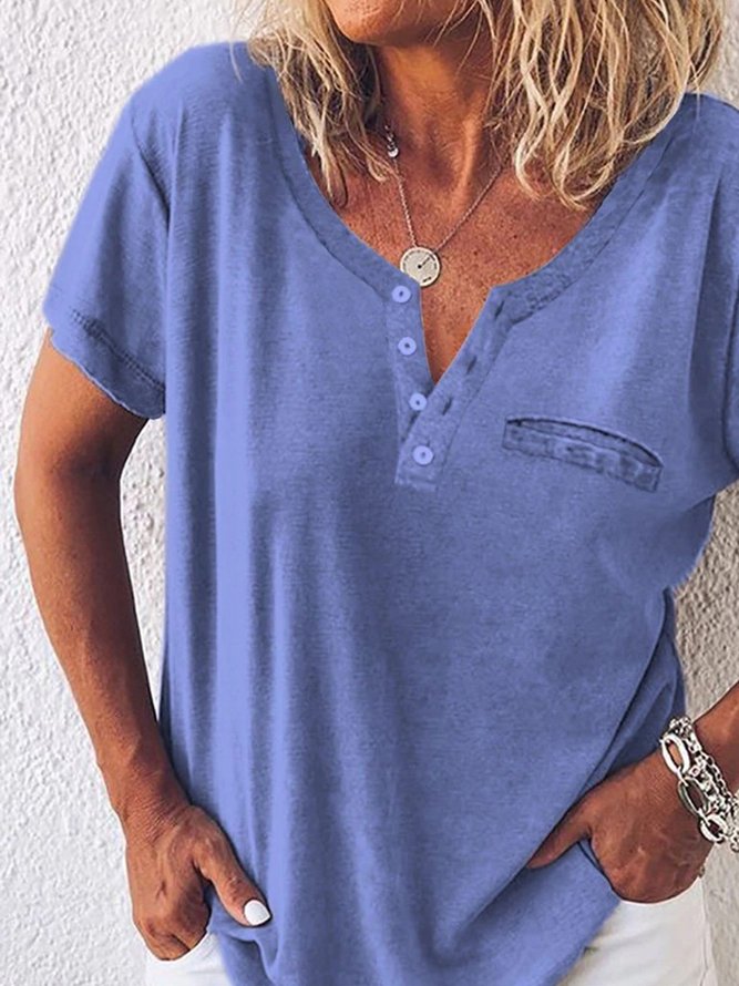Casual Buttoned Solid Short Sleeve Loosen T-Shirt