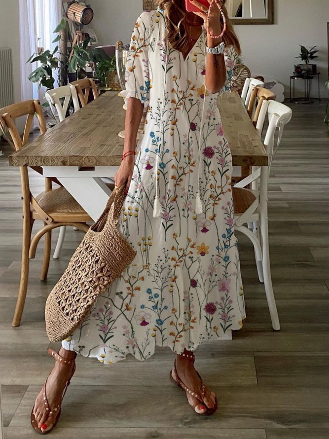 Casual Floral Half Sleeve V Neck Plus Size Printed Dress