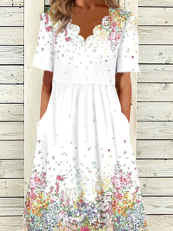 Women's A Line Dress Midi Dress White Short Sleeve Print Ruched Print Summer Fall V Neck Elegant Modern 2022