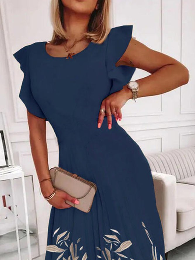 Casual Floral Casual Frill Sleeve Midi A-line Dresses