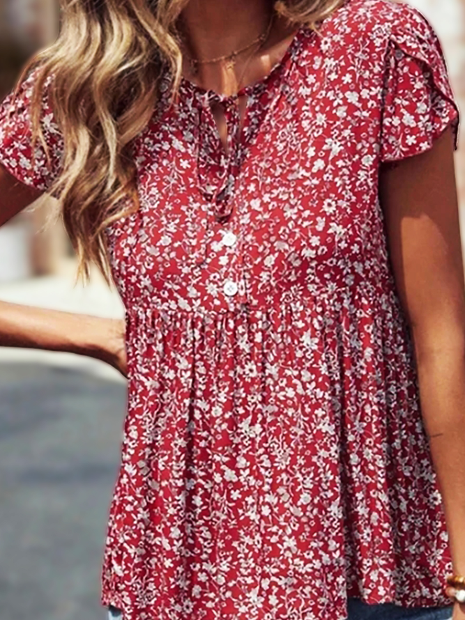 Casual Lace-Up V Neck Short Sleeve Tops