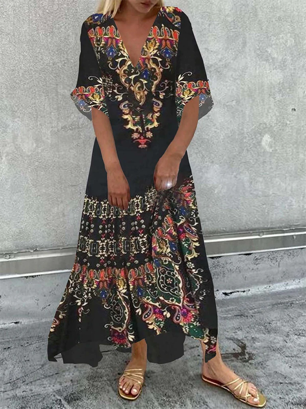 Tribal Casual Short Sleeve V neck Dress