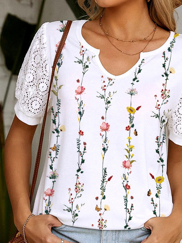 Floral Printed Loosen Casual Lace Short Sleeve T-Shirt