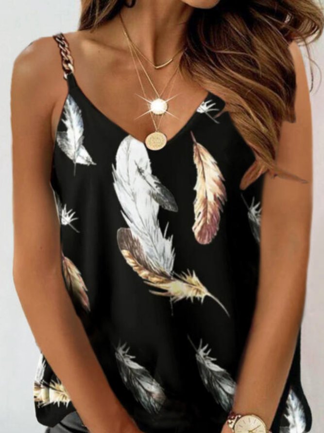 Casual Feather Sleeveless V Neck Plus Size Printed Top Vests