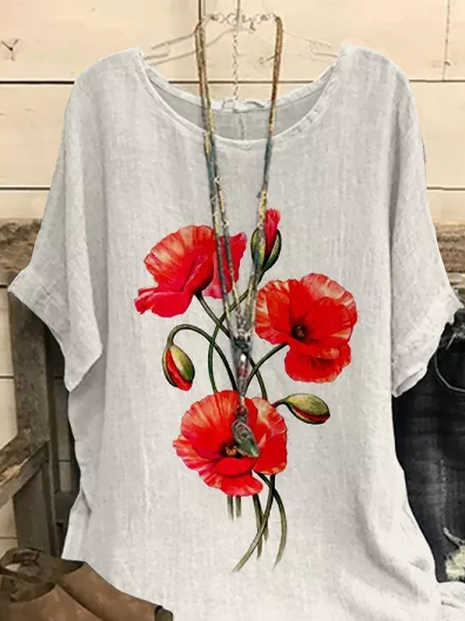Linen Cotton Floral Printed Casual Loosen Plus Size Short Sleeve Tops