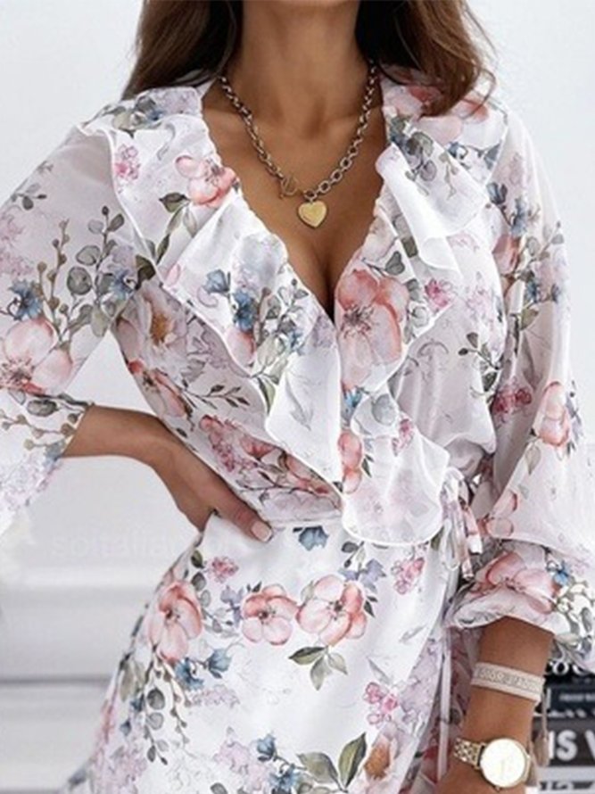 V Neck Floral 3/4 Sleeve Plus Size Casual Dress
