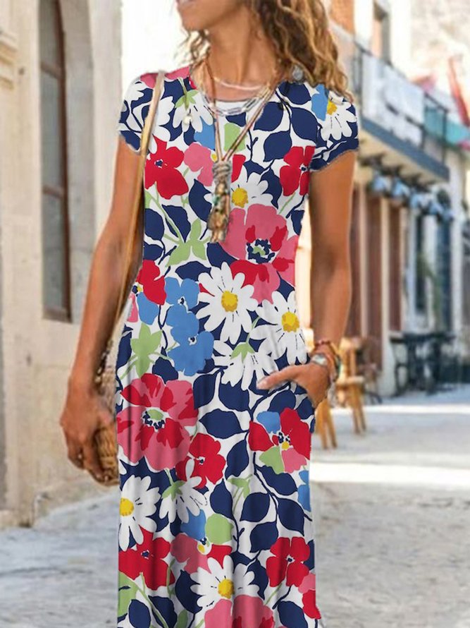 Floral Pockets Short Sleeve Casual A-line Maxi Dresses