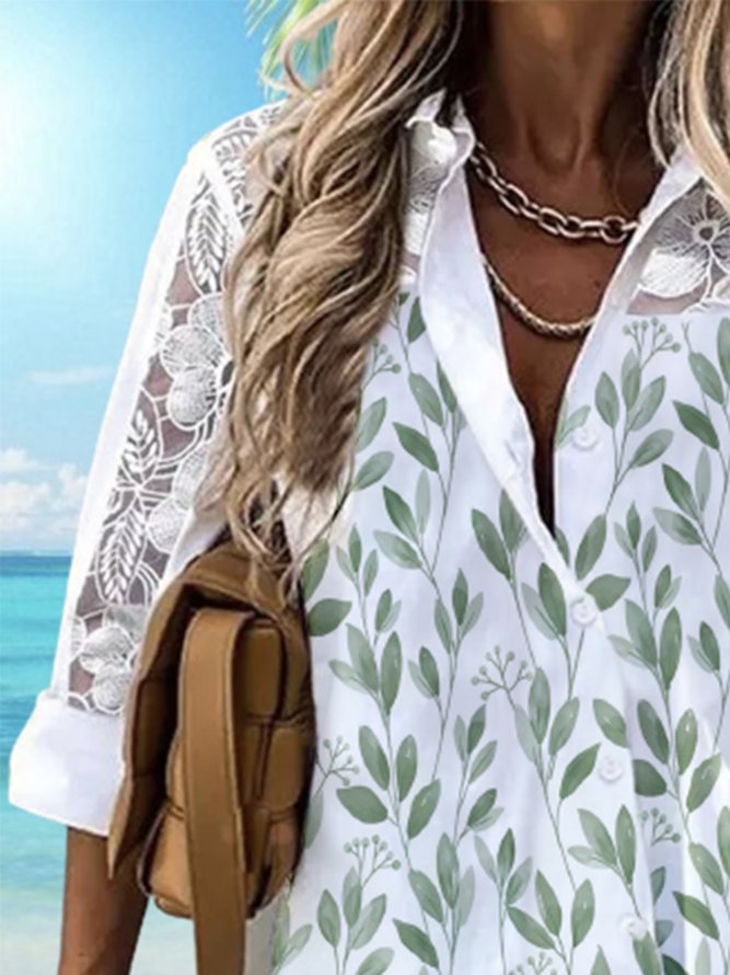 Lace 3/4 Sleeves Leaves Printed Plus Size Casual Shirt