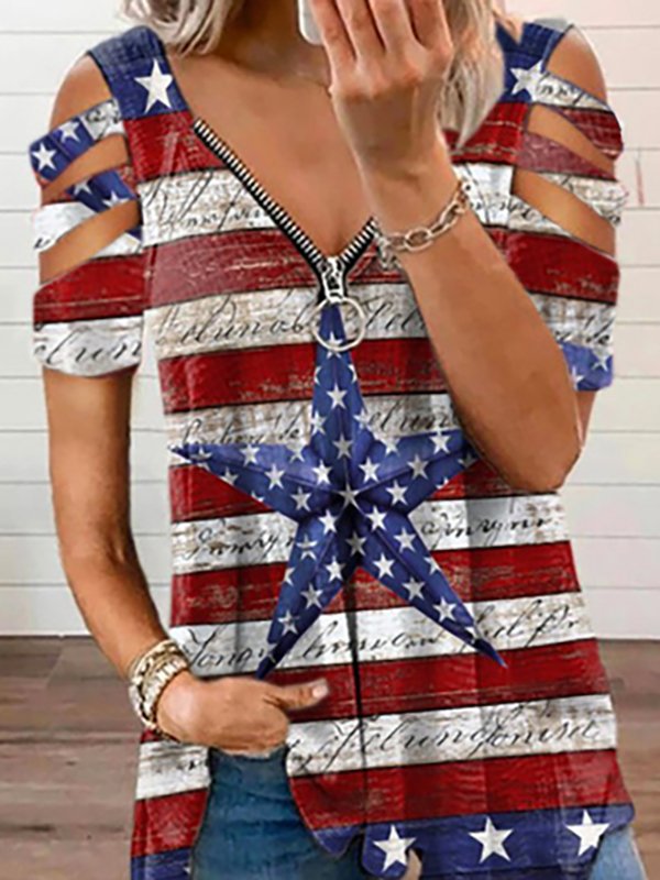 Women's Casual Weekend Independence Day Painting T shirt Tee American Flag National Flag Short Sleeve Cold Shoulder Quarter Zip V Neck Basic Tops Royal 2022