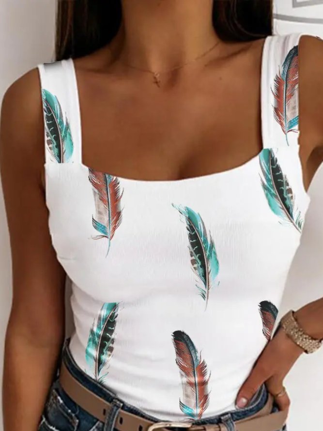 Casual Feather Sleeveless Square Neck Plus Size Printed Top Vests