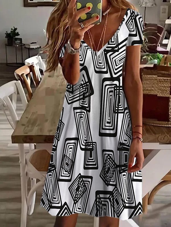 Women's Shift Dress Geometric White Black Short sleeve Casual Spring Summer V Neck Elegant Vacation Dresses 2022