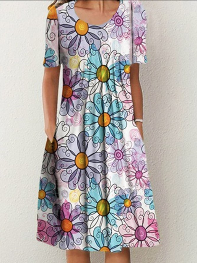 Floral Casual Pockets Short Sleeve Round Neck A-line Dresses