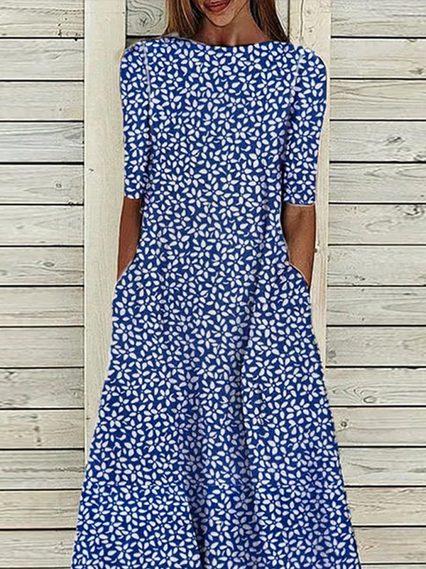 Women's A Line Dress Midi Dress Blue Half Sleeve Floral Ruched Print Summer Fall Crew Neck Casual Modern 2022