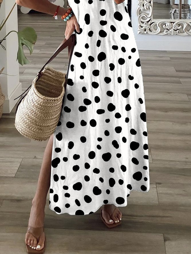 Women's Shift Dress Maxi long Dress White Short Sleeve Polka Dot Pocket Print Summer Fall V Neck Plus Size Elegant Casual Vacation 2022