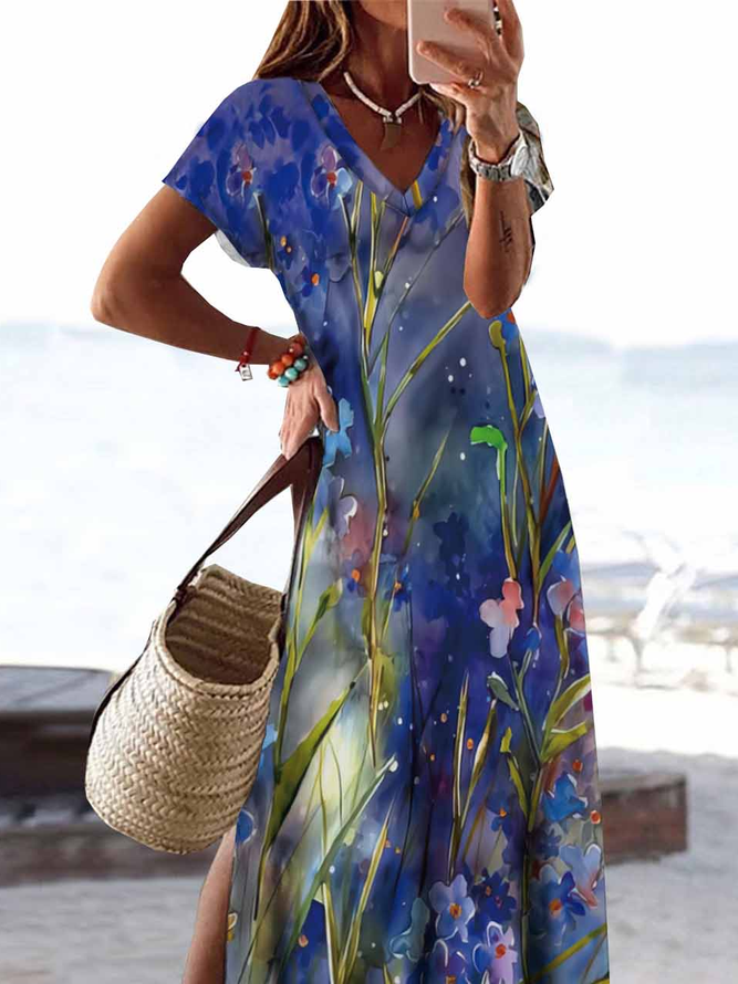 Vacation Floral Printed Casual V Neck Loosen Maxi Dresses