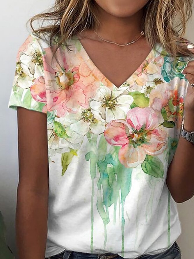 Women's Daily Holiday Top Loose T-shirt Floral V Neck Casual Loose T-Shirt