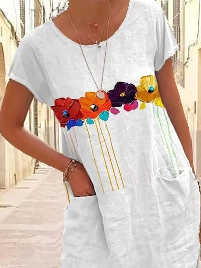 Women's Daily Weekend Casual Loosen Floral Pockets Midi Short Sleeve Dresses 2022