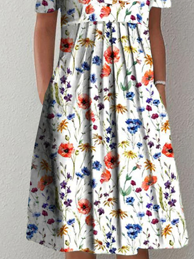 Women's Holiday Weekend Floral Loosen Casual Short Sleeve Woven Midi Dress 2022