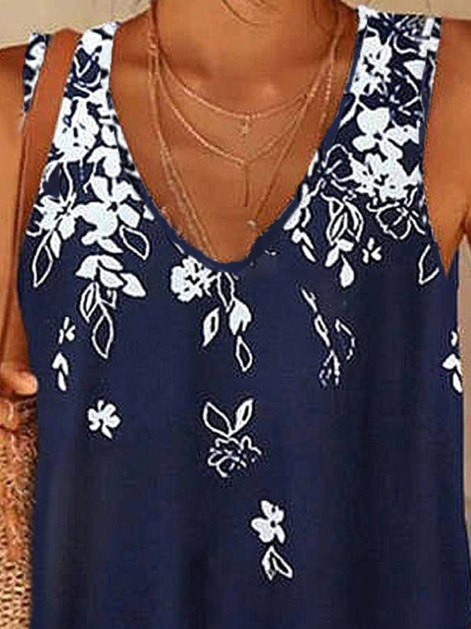 Women's Casual Daily Holiday Tank Top Camis Floral Sleeveless Patchwork Print Round andV Neck Casual Beach Tops Navy Blue 2022
